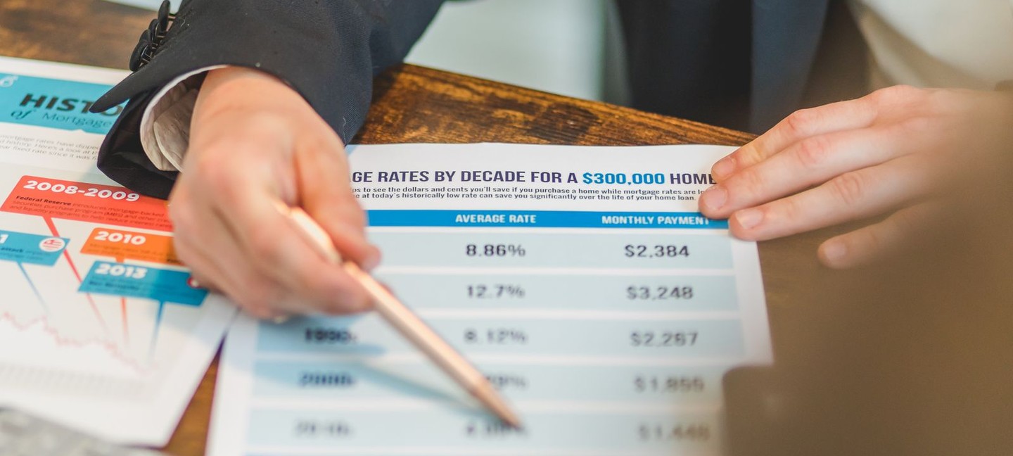A loan officer reviewing a mortgage rate history chart
